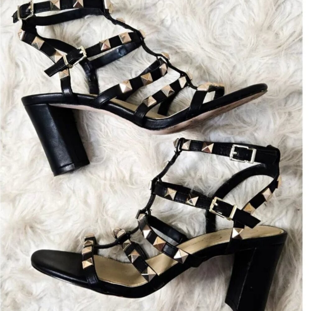 Jessica Simpson JP-Annida Studded Black Heels Gold Sandals Open Toe Strappy-Sz 7